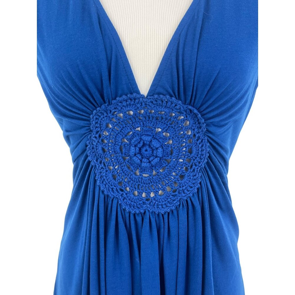 Y2K Royal Blue Deep V-Neck Crochet Accent Boho Top Cottagecore Soft Girl Casual - Picture 3 of 10